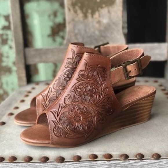 tooled leather wedge sandals